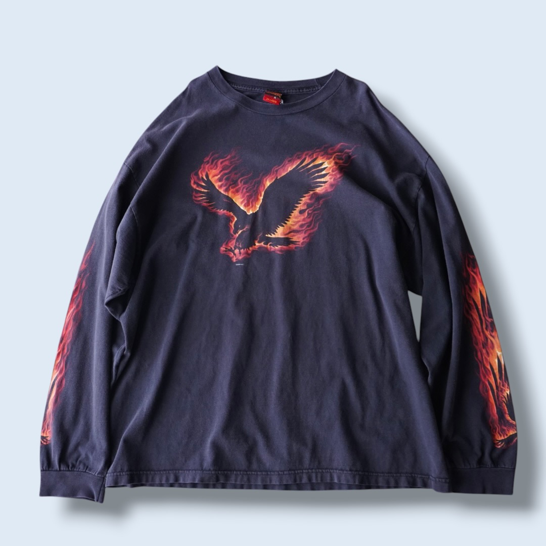oversized eagle fire pattern fade black L/S tee