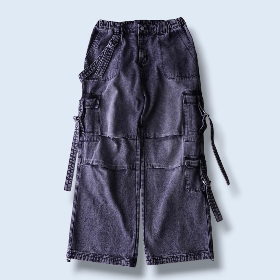 fade black gimmick design baggy wide denim pants