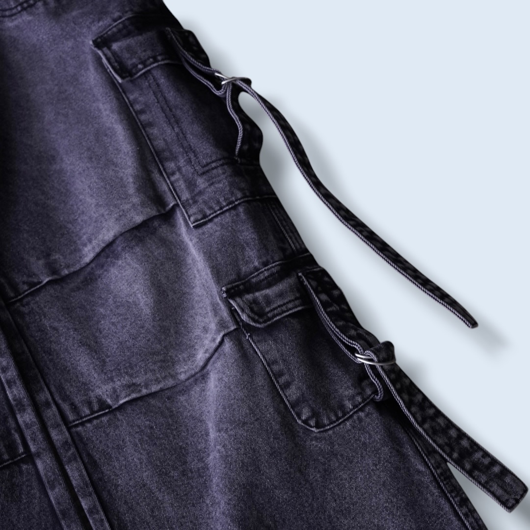 fade black gimmick design baggy wide denim pants