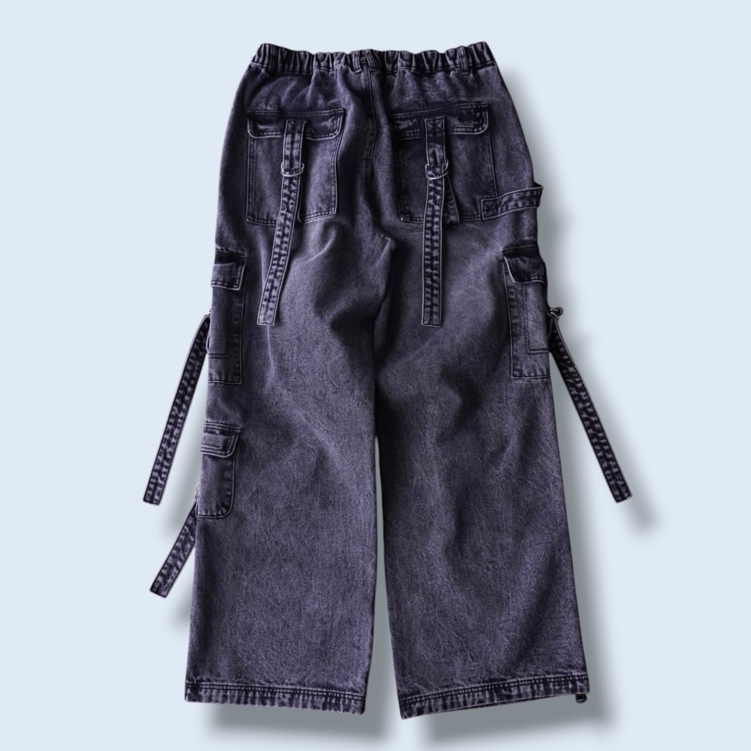 fade black gimmick design baggy wide denim pants