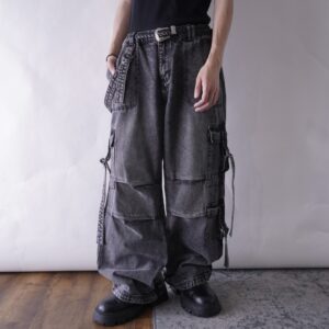 fade black gimmick design baggy wide denim pants