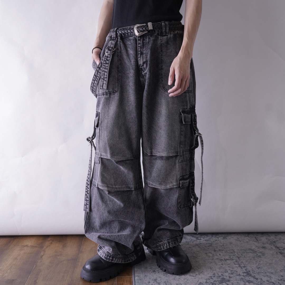 fade black gimmick design baggy wide denim pants