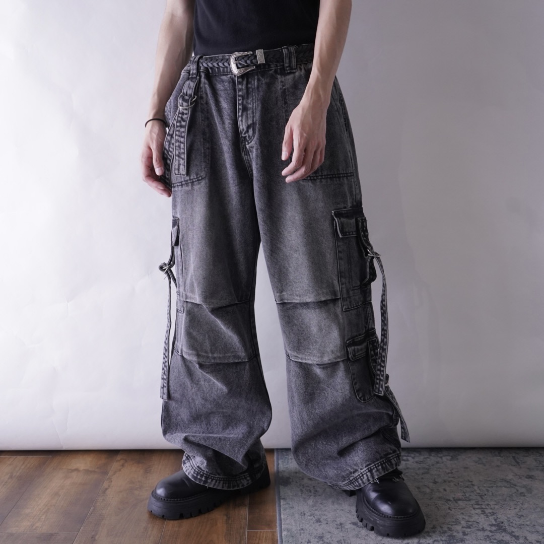 fade black gimmick design baggy wide denim pants