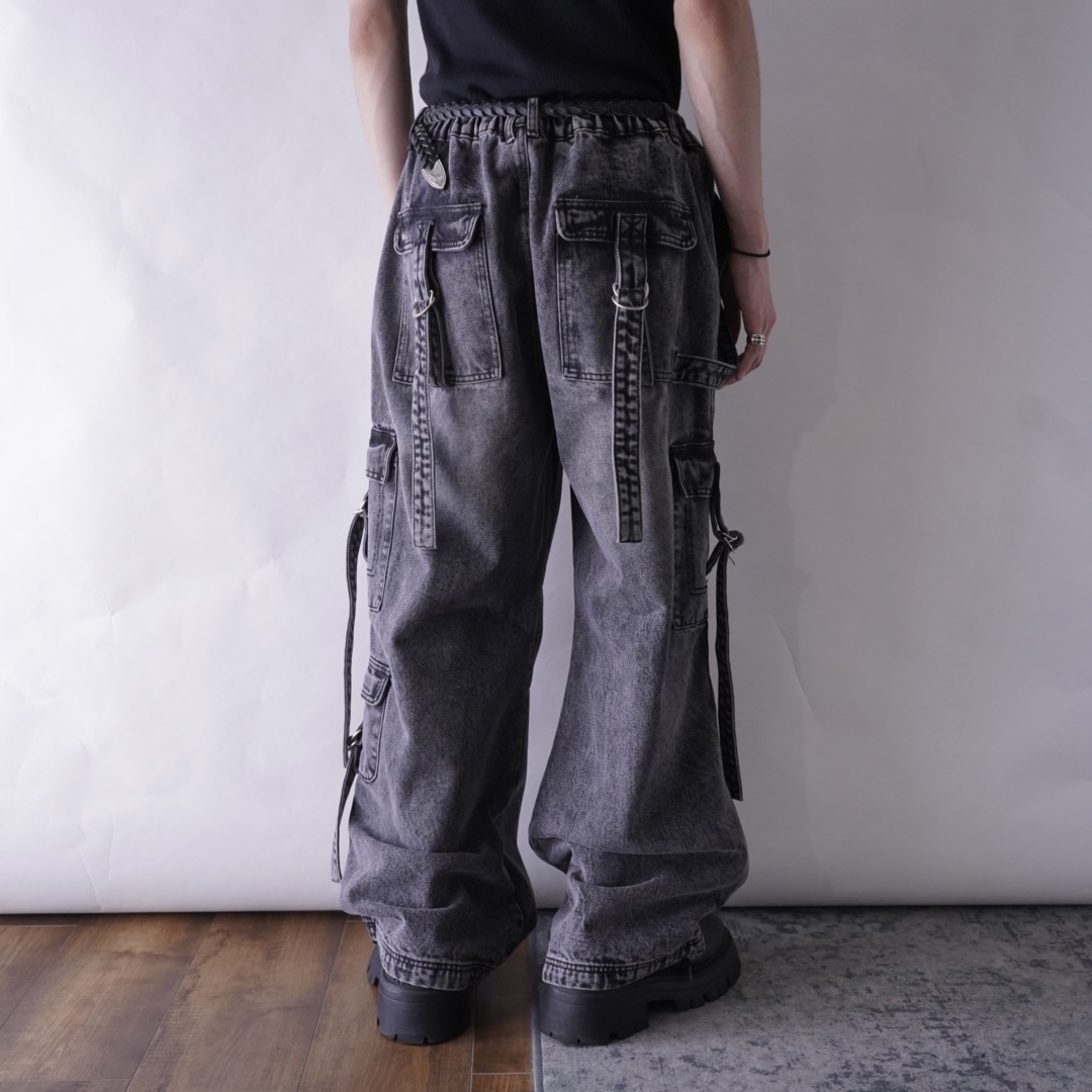 fade black gimmick design baggy wide denim pants