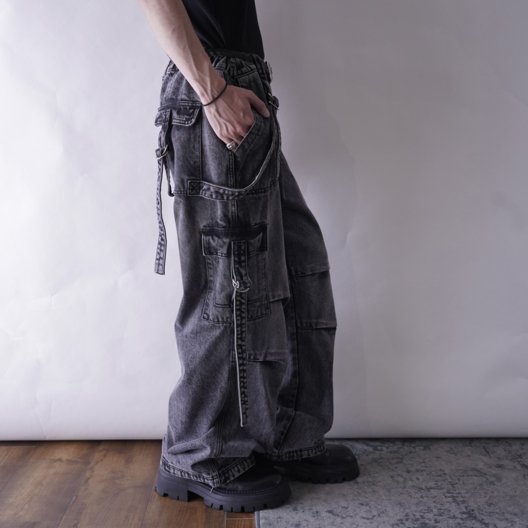 fade black gimmick design baggy wide denim pants
