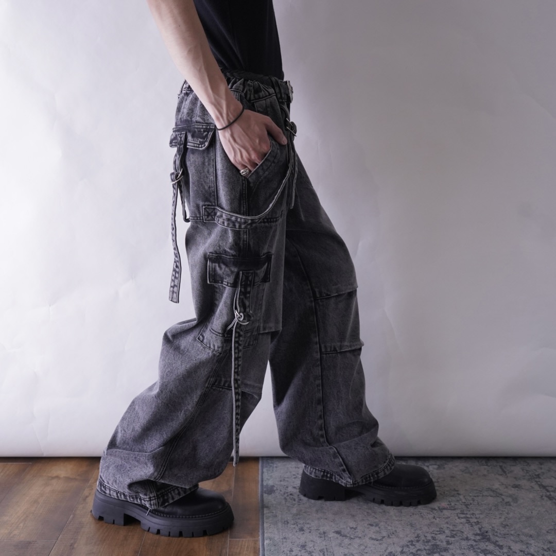fade black gimmick design baggy wide denim pants