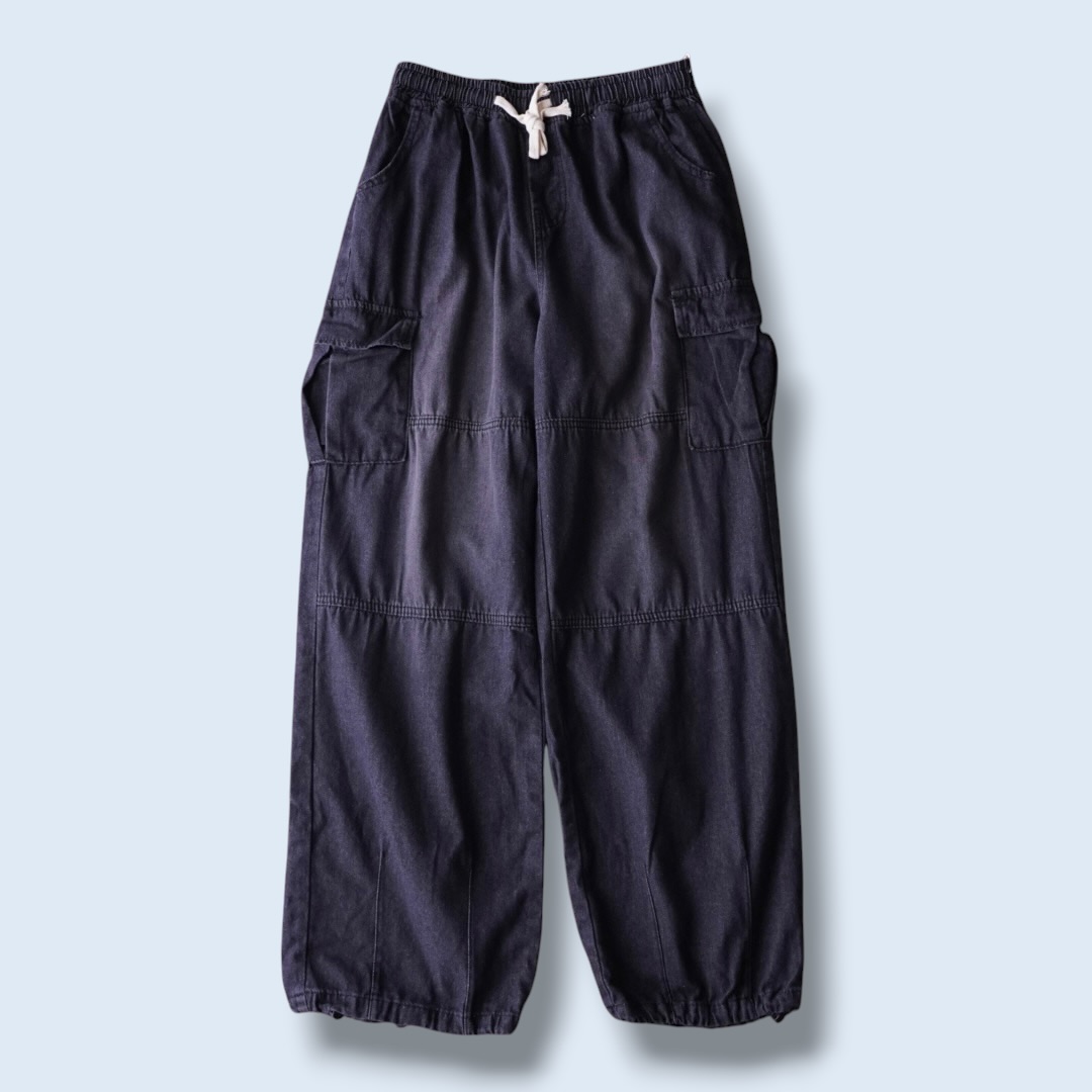 fade black denim wide cargo pants