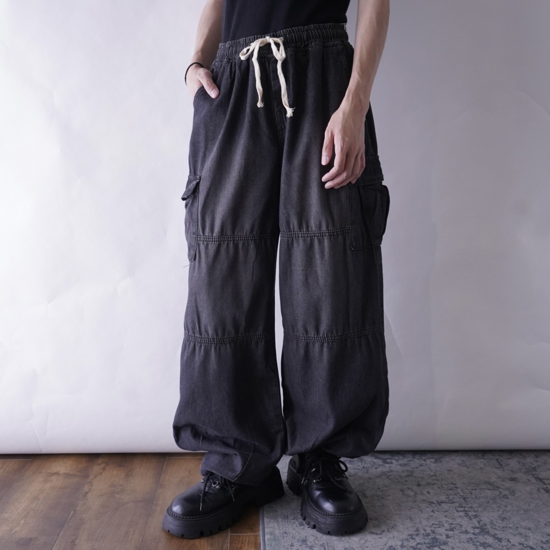 fade black denim wide cargo pants