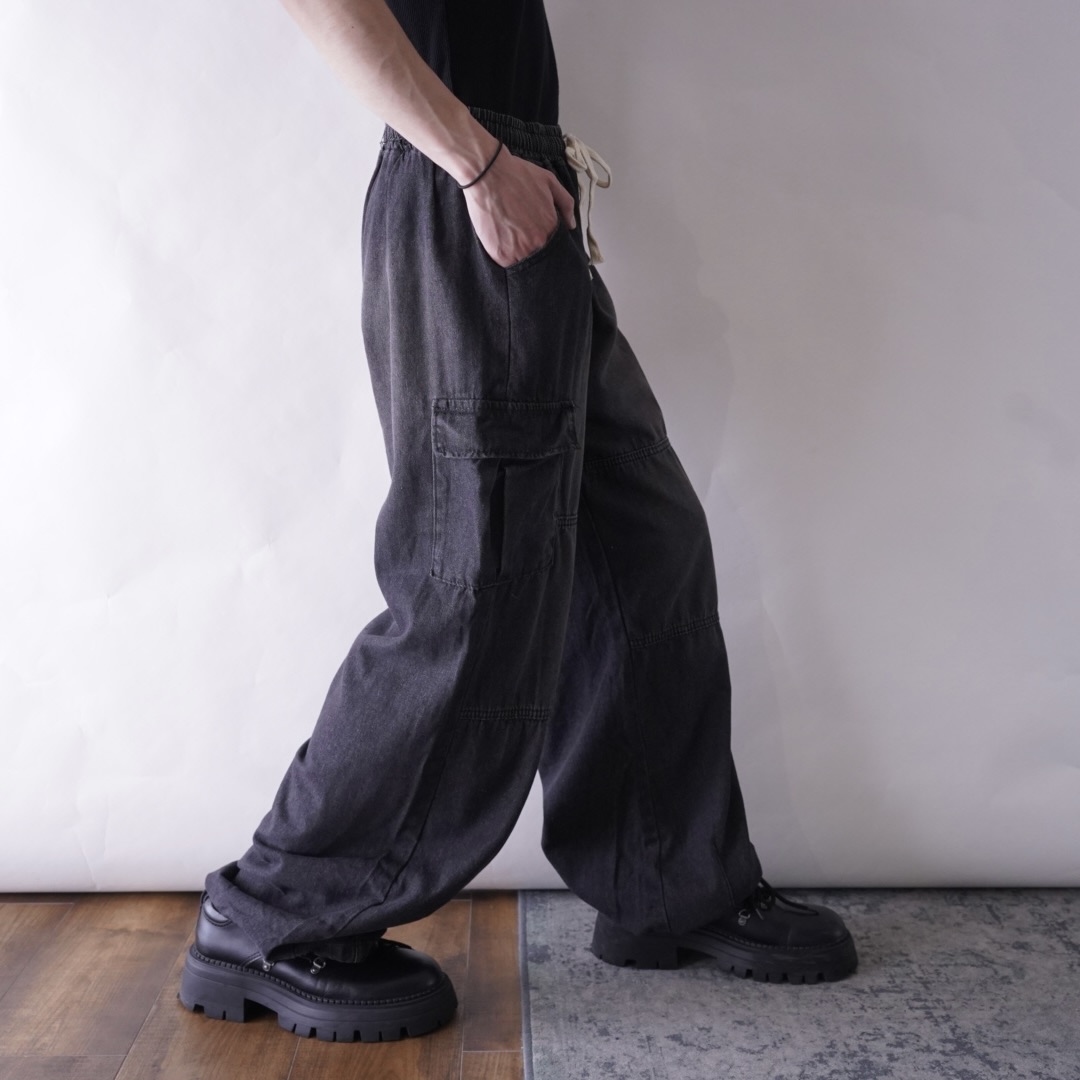 fade black denim wide cargo pants