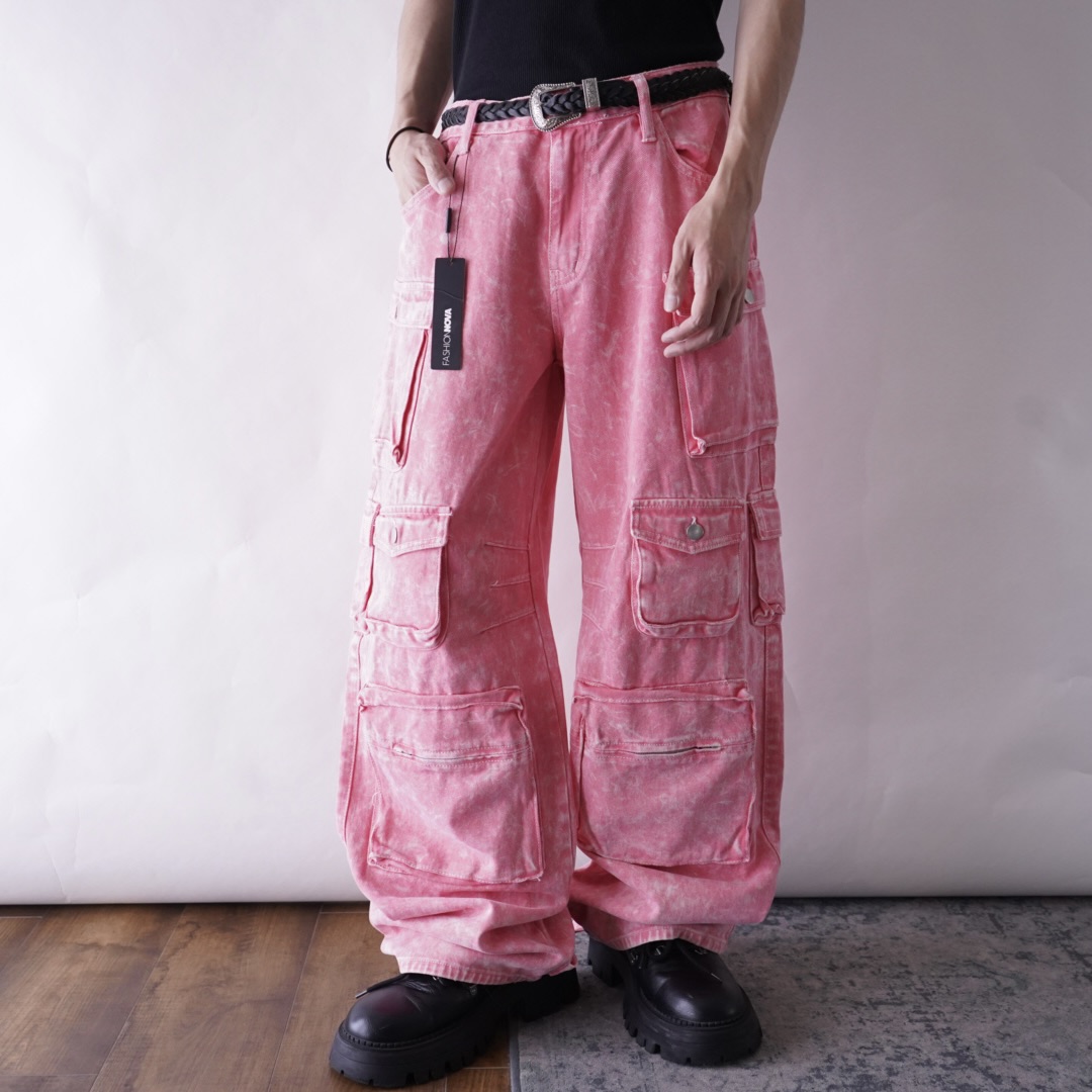 pale pink multi gimmick wide cargo pants