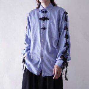 【Remake / Lace-up】arm lace ice blue body navy China remake shirt