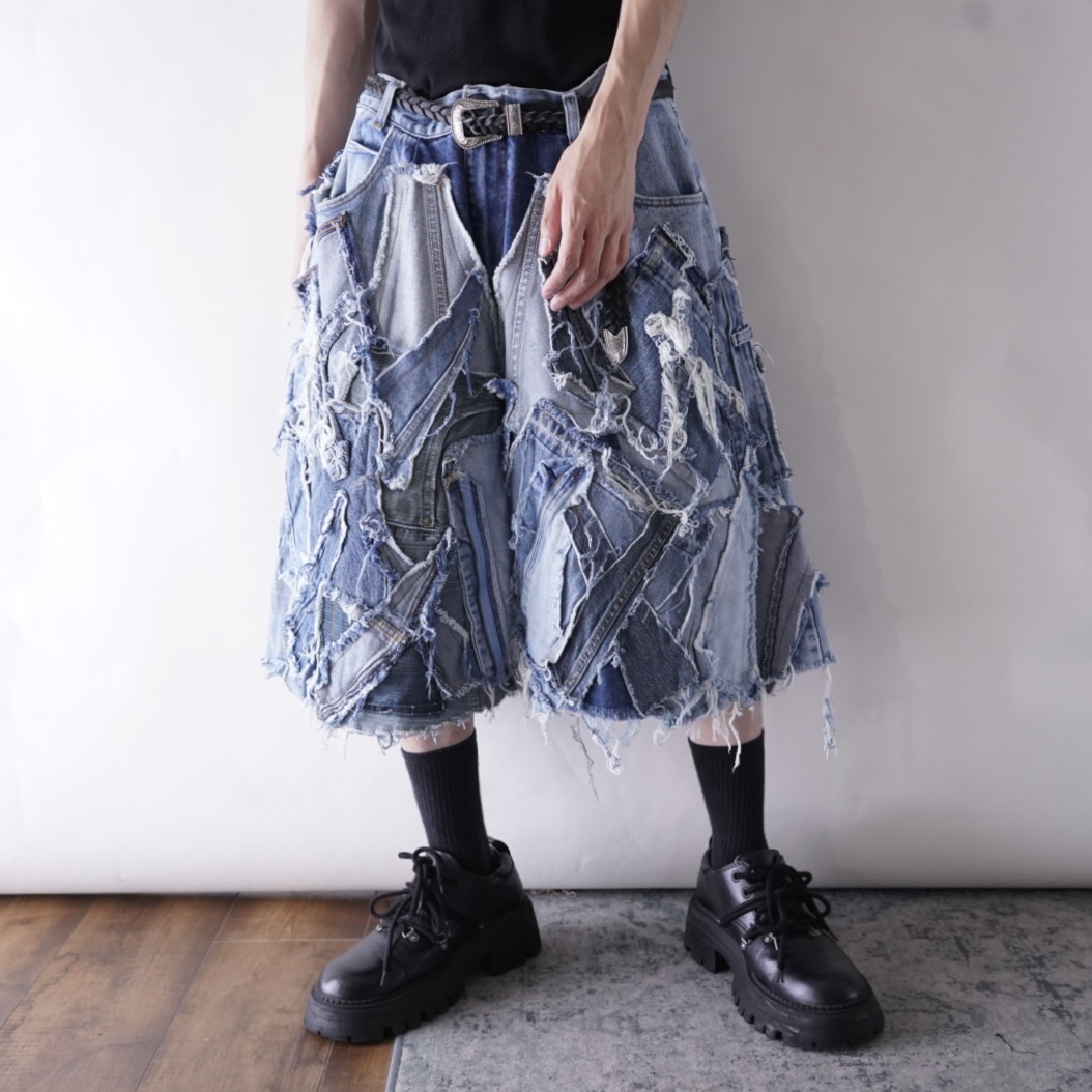 【Remake】many "ツギハギ" design wide baggy shorts