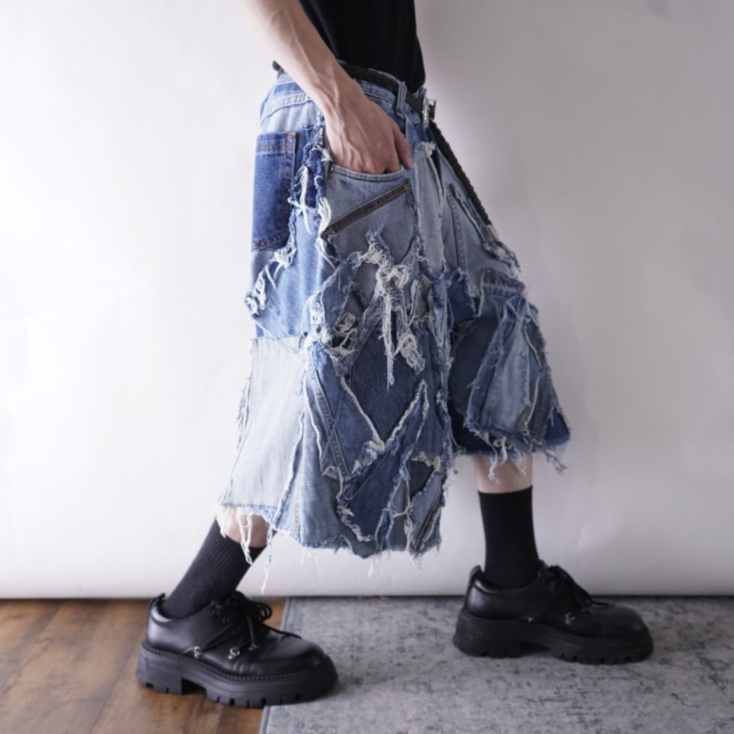 【Remake】many "ツギハギ" design wide baggy shorts