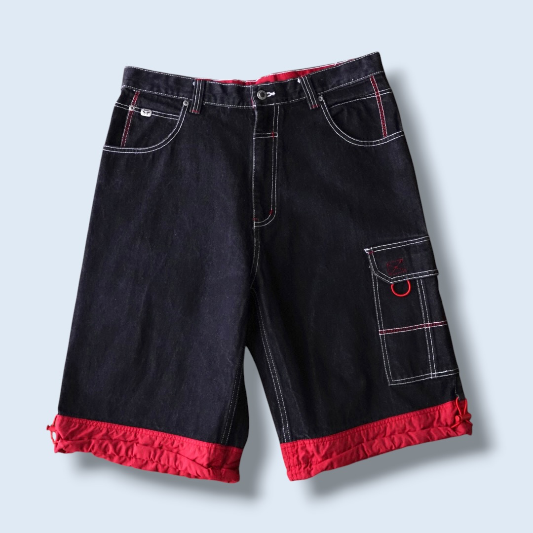 black × nylon red switching denim baggy shorts