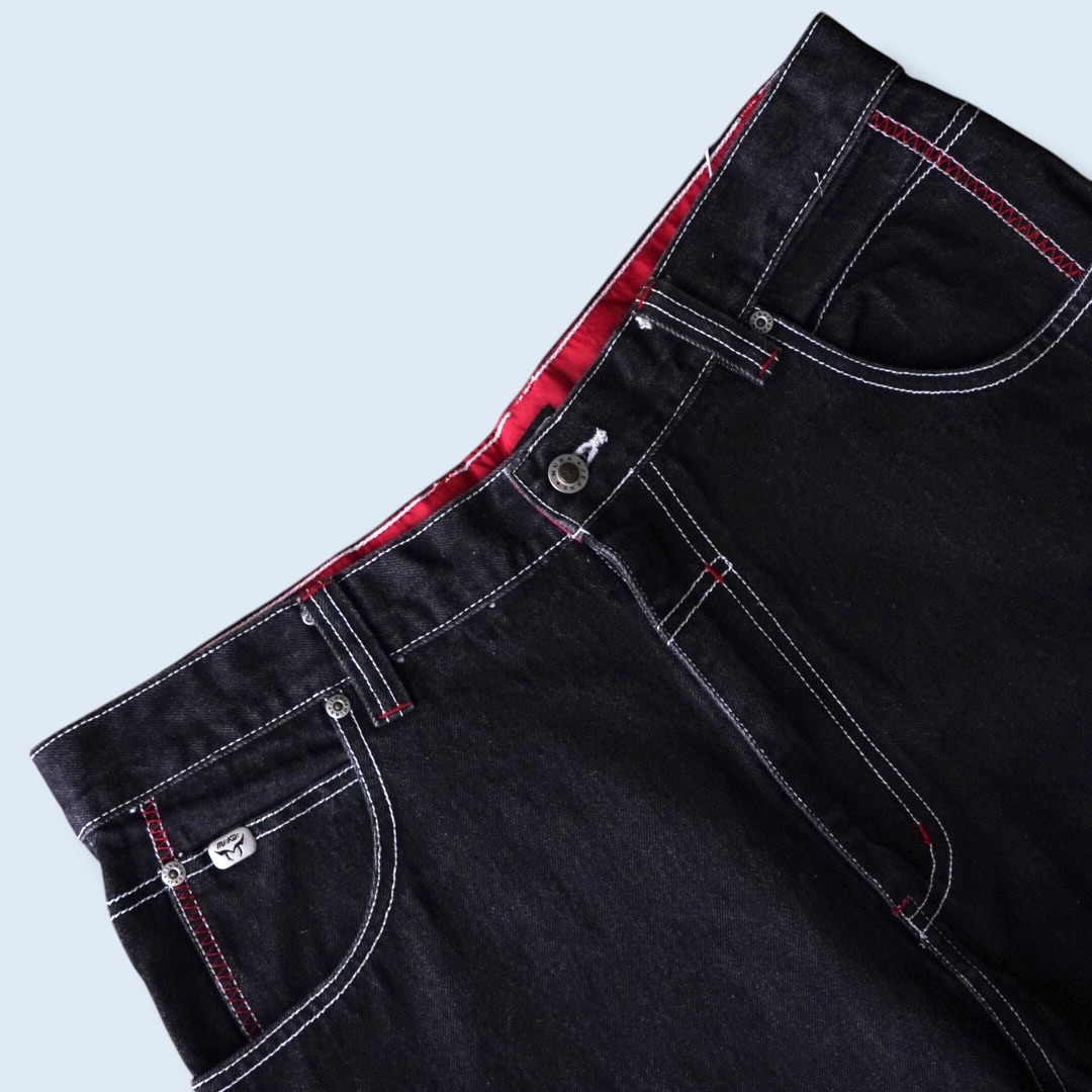 black × nylon red switching denim baggy shorts