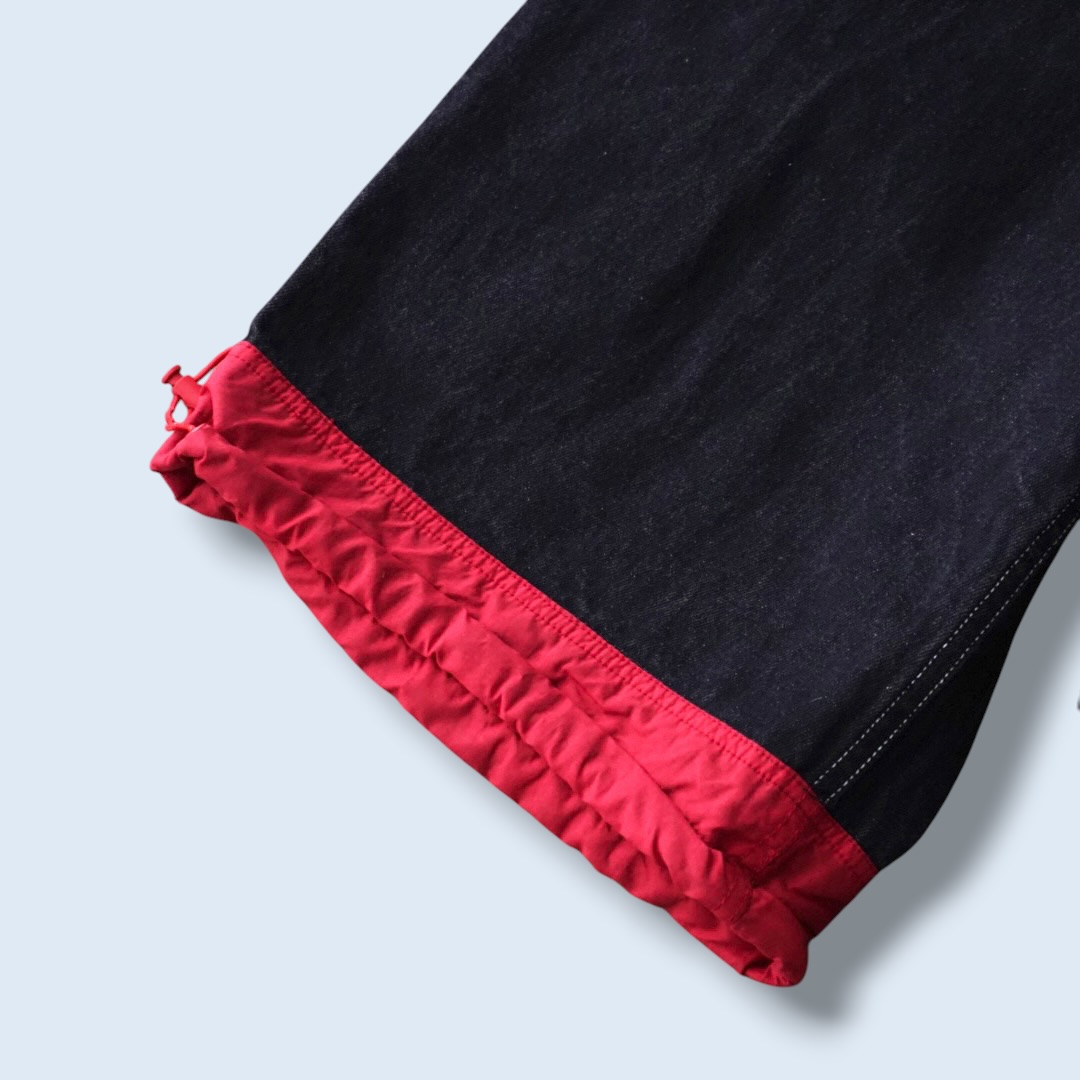 black × nylon red switching denim baggy shorts
