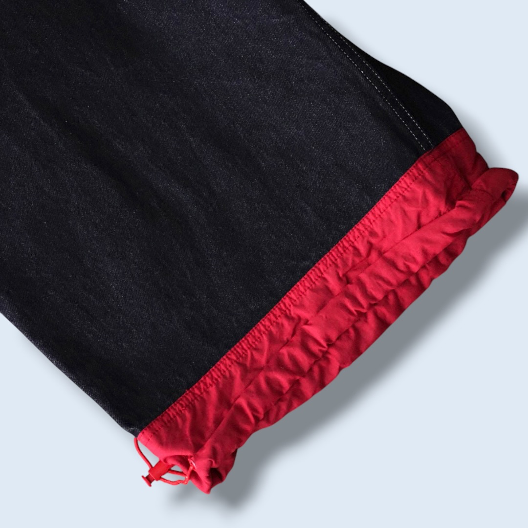 black × nylon red switching denim baggy shorts
