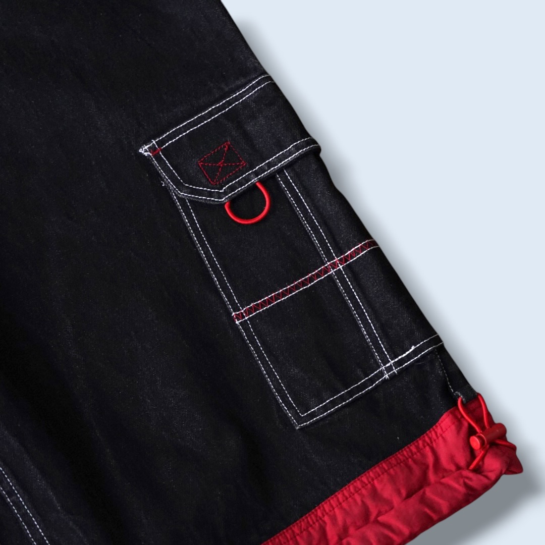black × nylon red switching denim baggy shorts