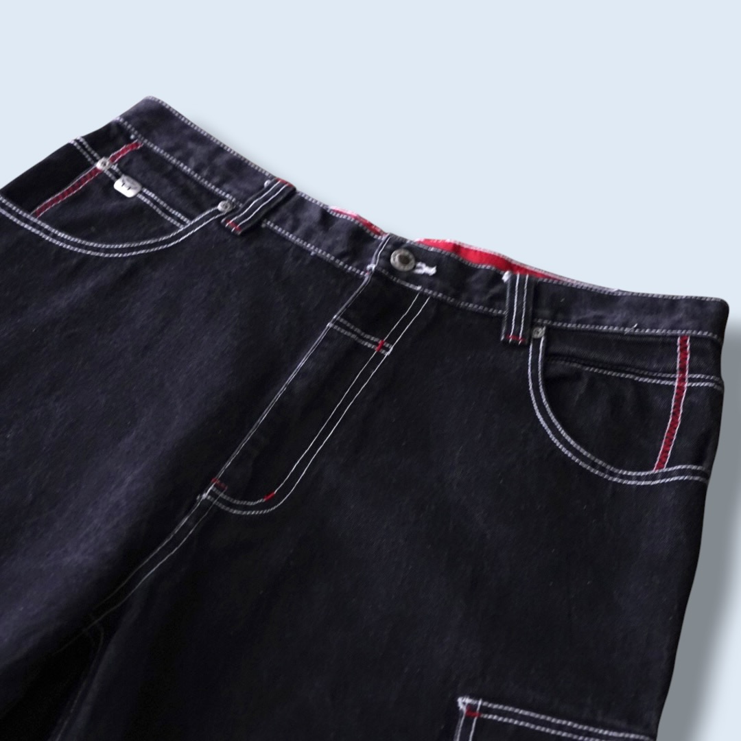 black × nylon red switching denim baggy shorts