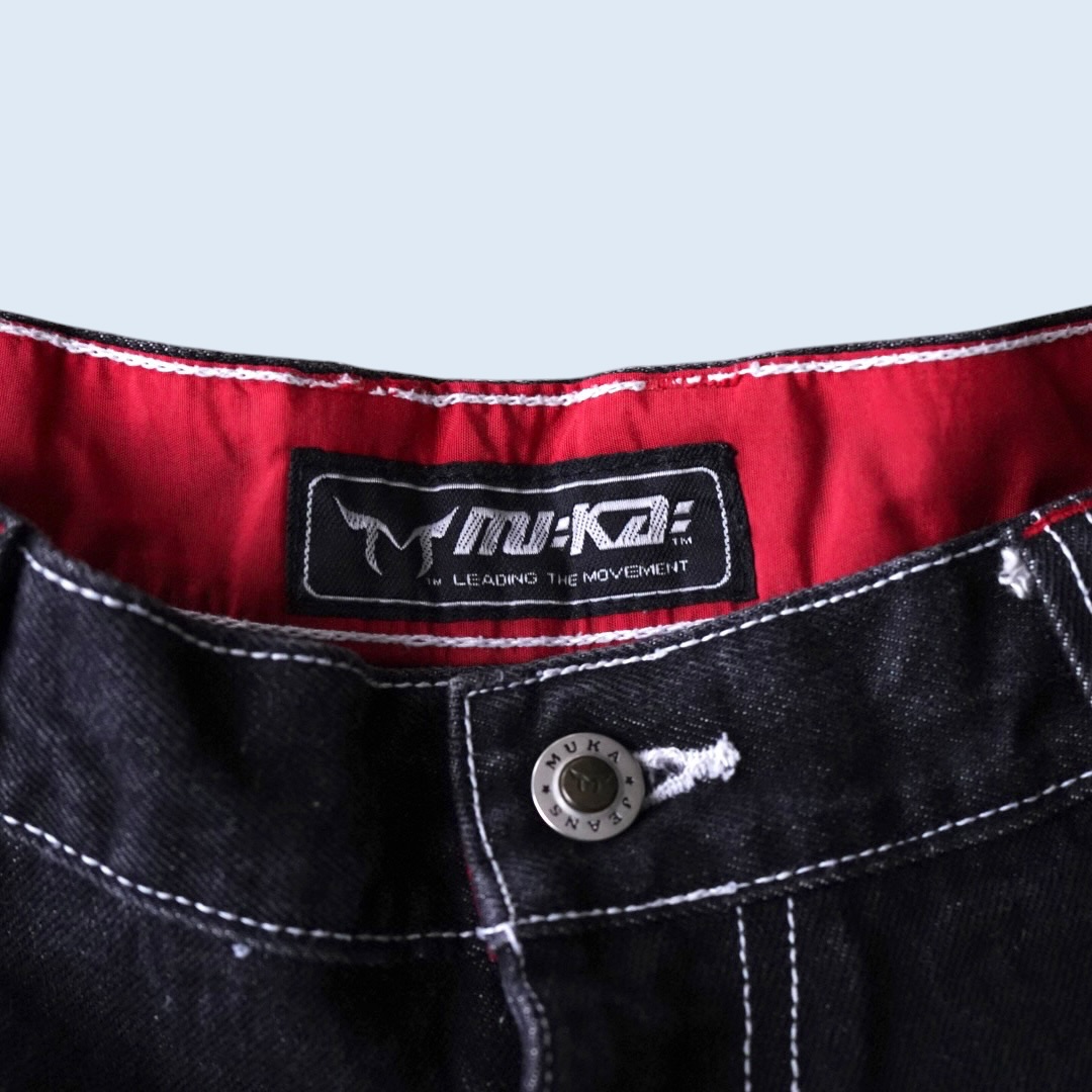 black × nylon red switching denim baggy shorts
