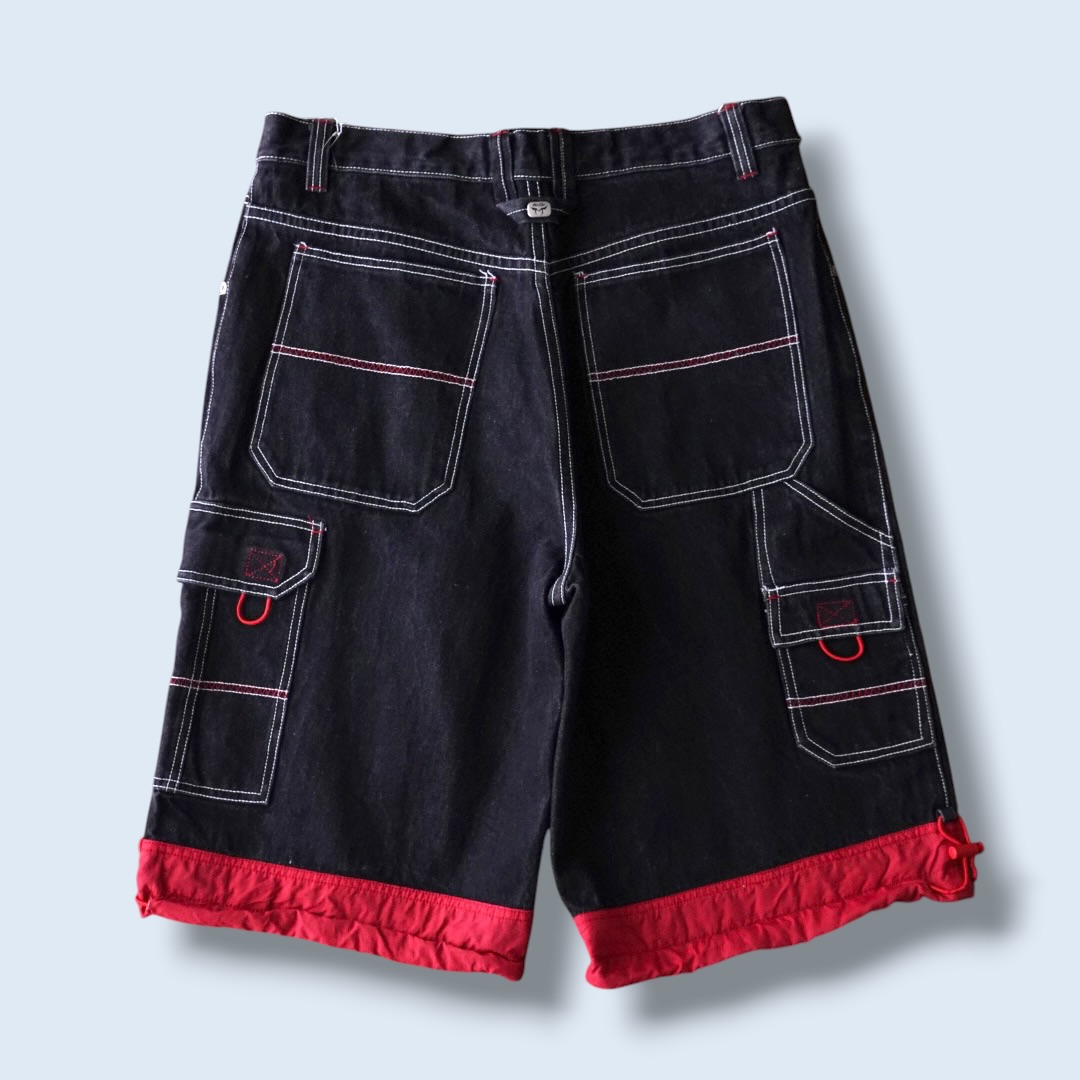 black × nylon red switching denim baggy shorts
