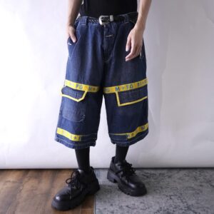 【MARITHE FRANCOIS GIRBAUD】indigo blue × yellow velcro shuttle baggy shorts