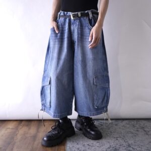 【Enyce】oversized middle length denim wide baggy shorts