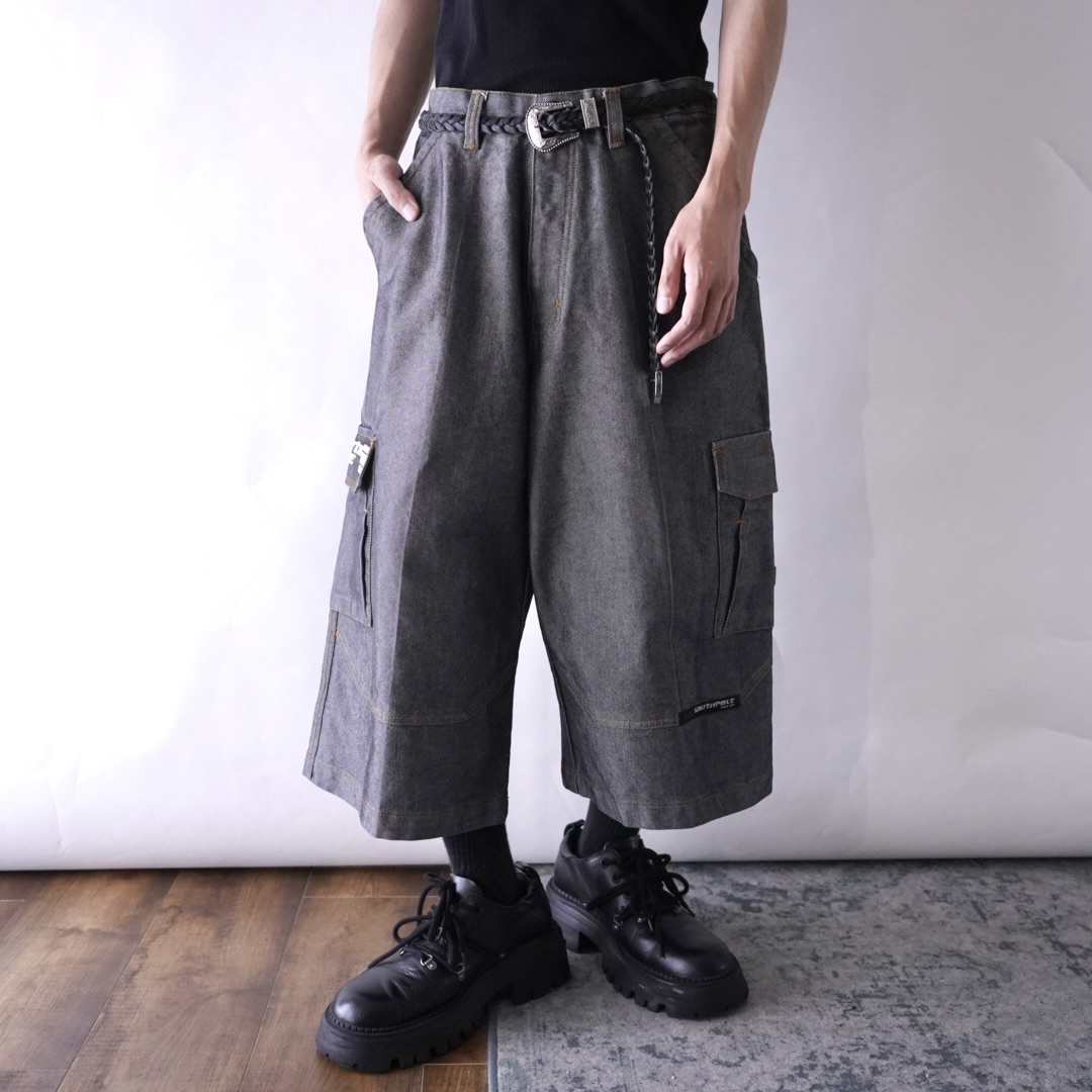 【SOUTHPOLE】silver metallic black denim middle length wide baggy shorts