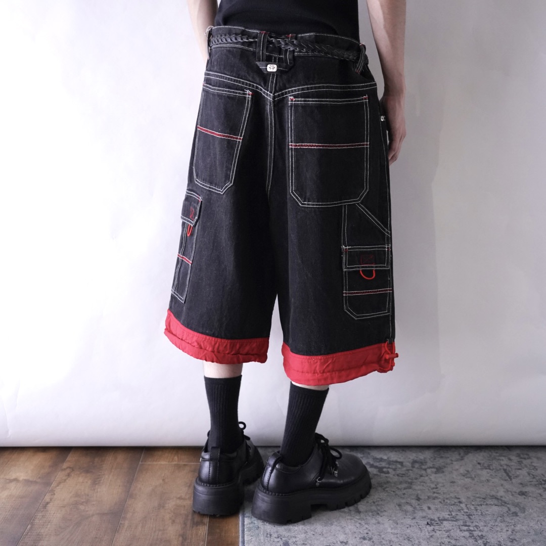 black × nylon red switching denim baggy shorts
