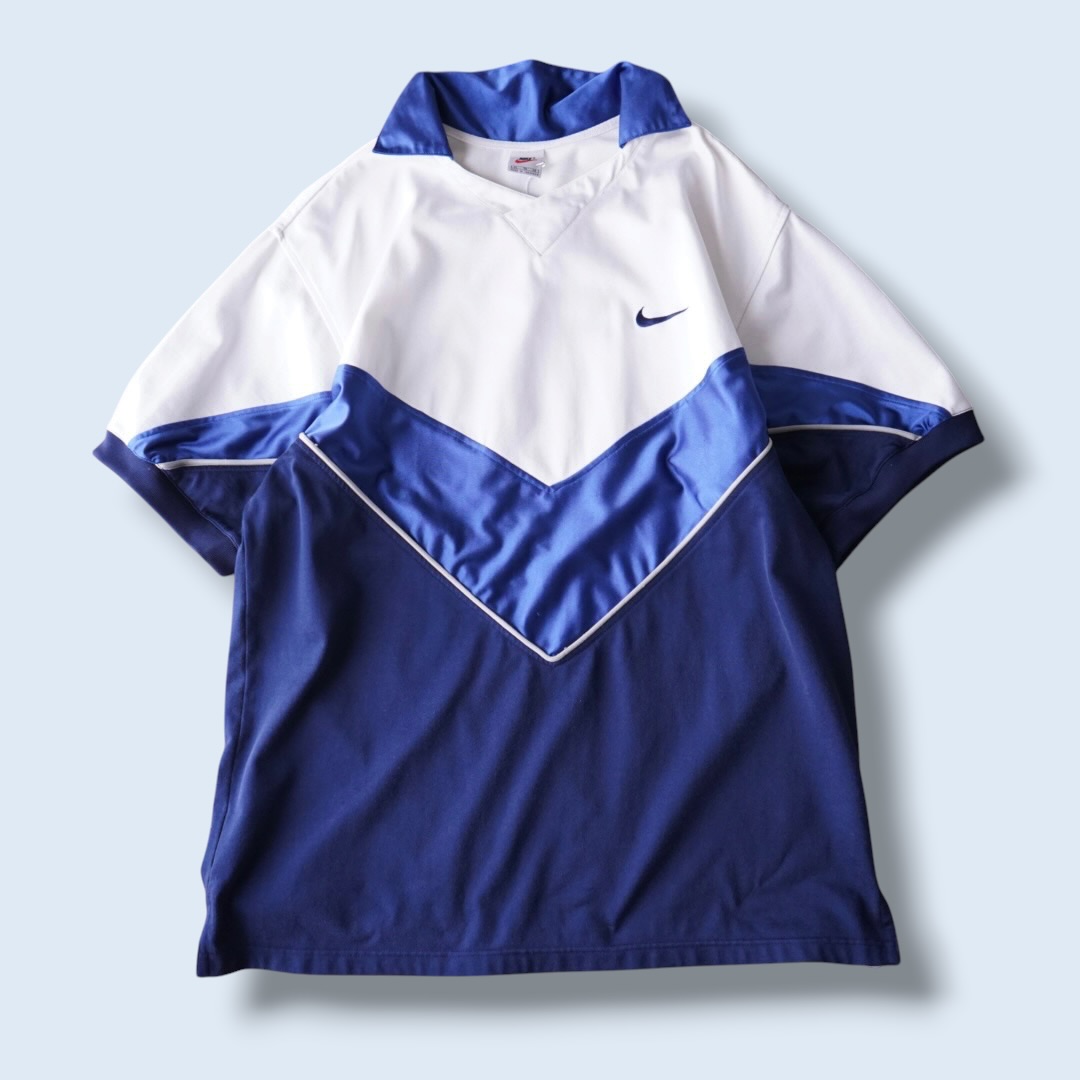 【NIKE】glossy blue × white wappen design game shirt