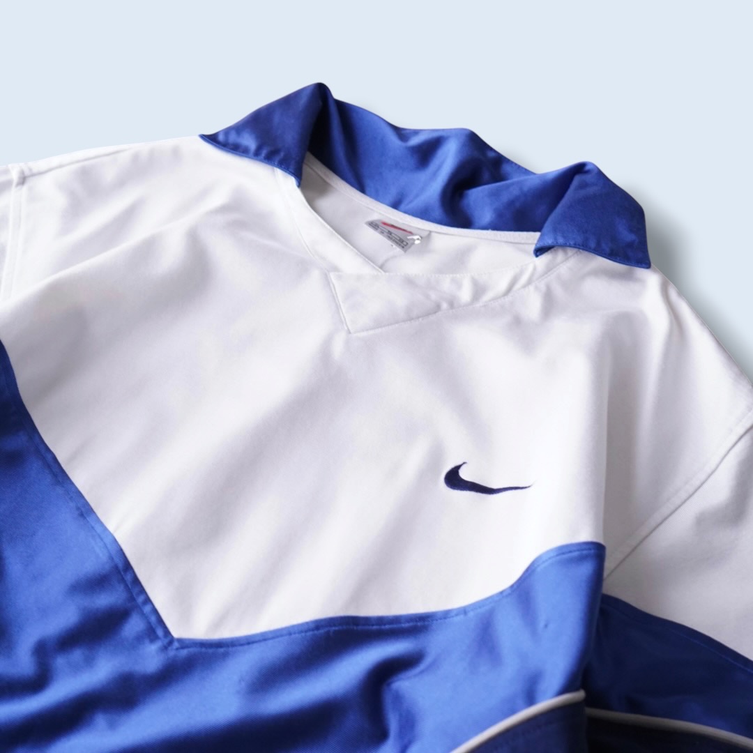 【NIKE】glossy blue × white wappen design game shirt