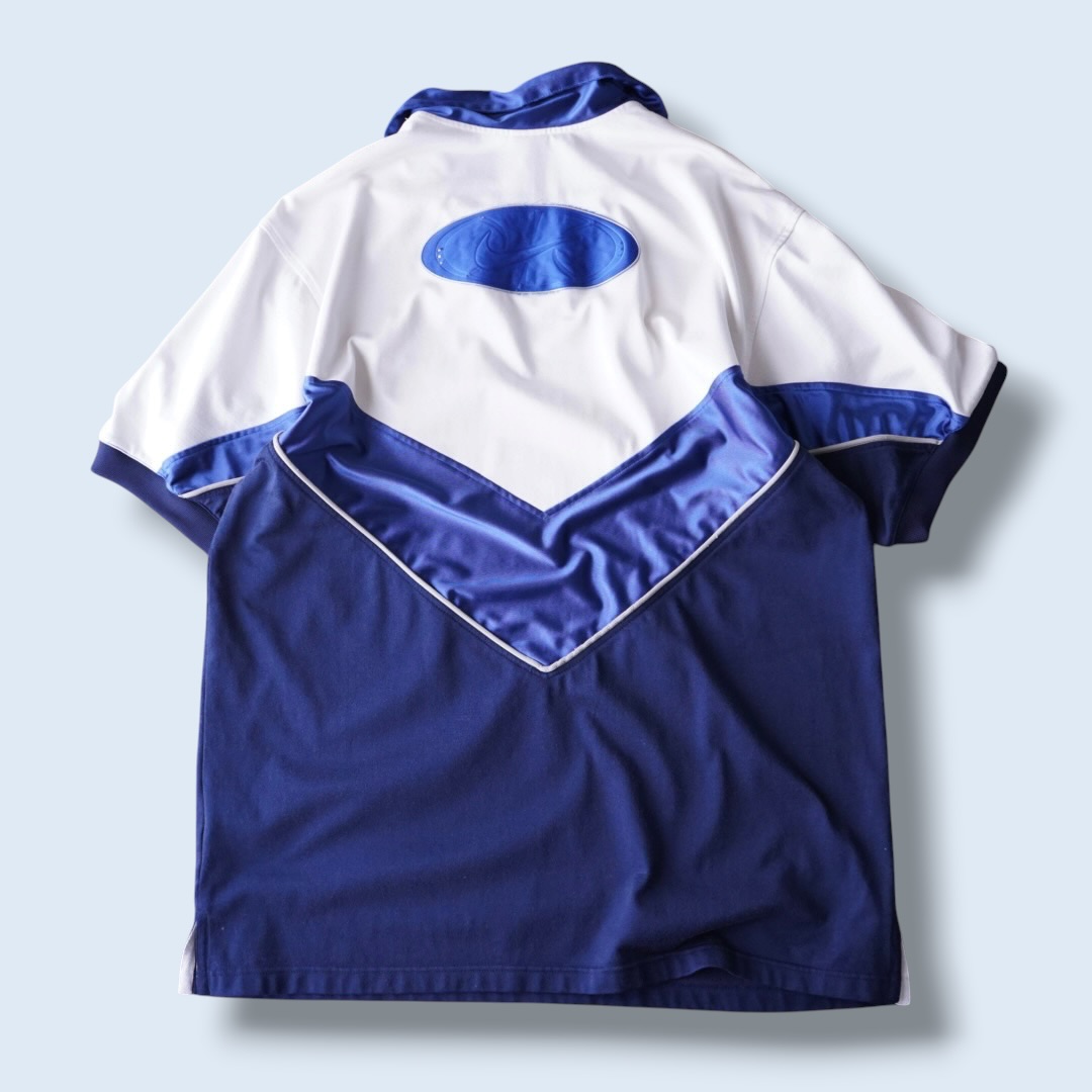 【NIKE】glossy blue × white wappen design game shirt