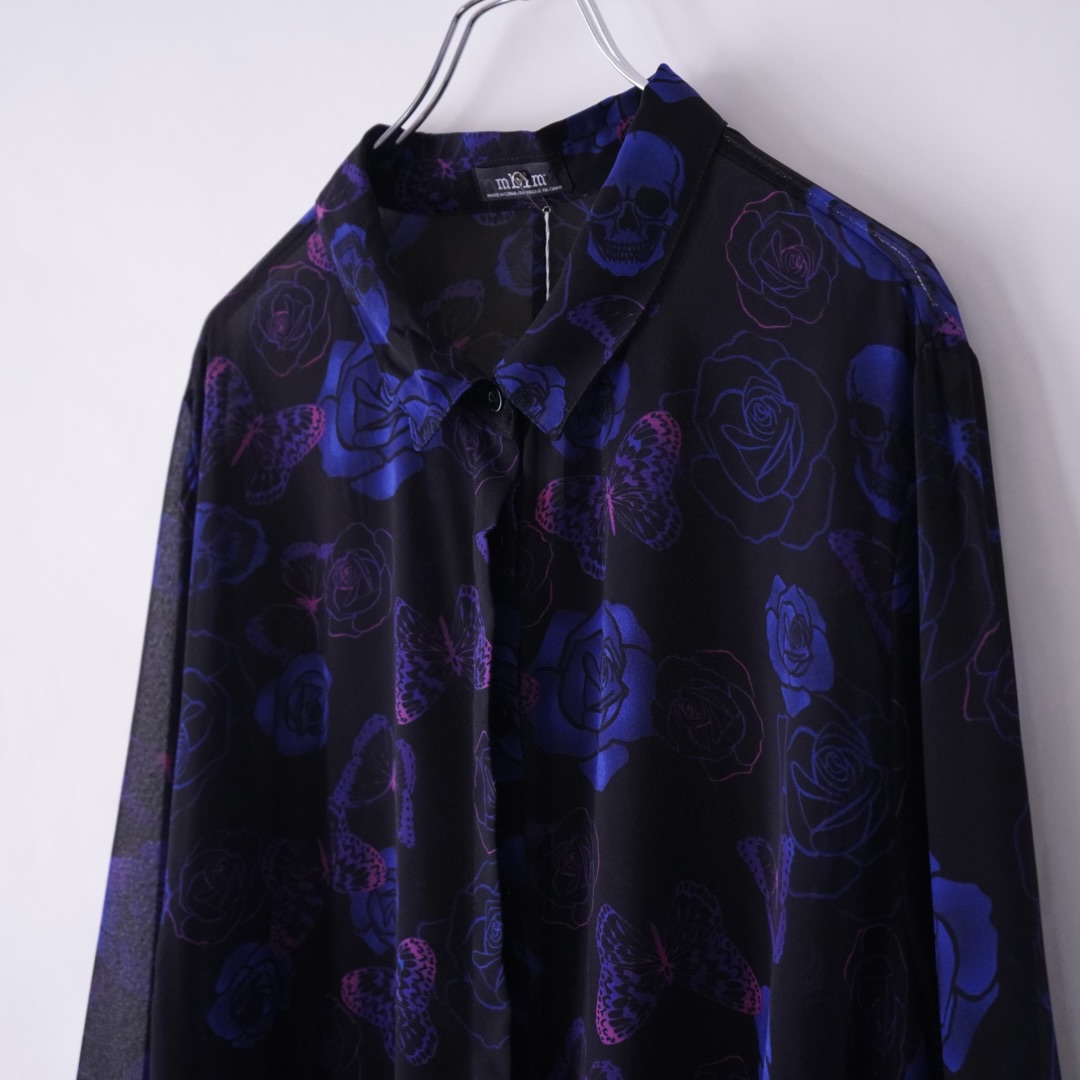 monster oversized "薔薇×髑髏×蝶" dark see-through shirt