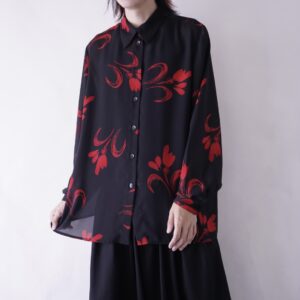 black × red flower pattern see-through shirt