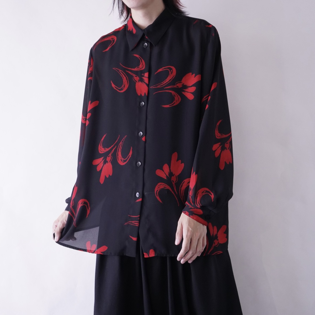black × red flower pattern see-through shirt