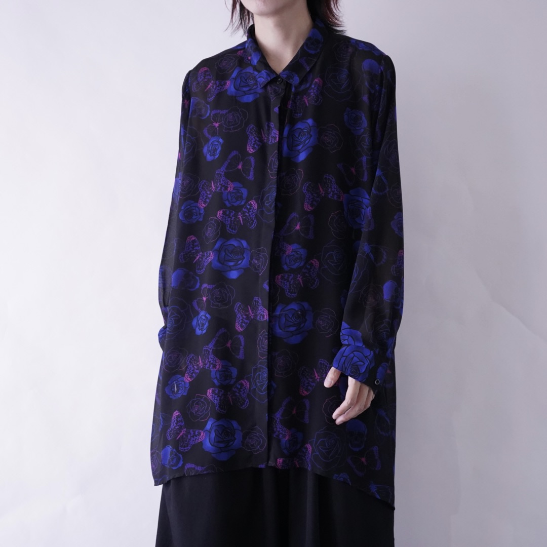 monster oversized "薔薇×髑髏×蝶" dark see-through shirt