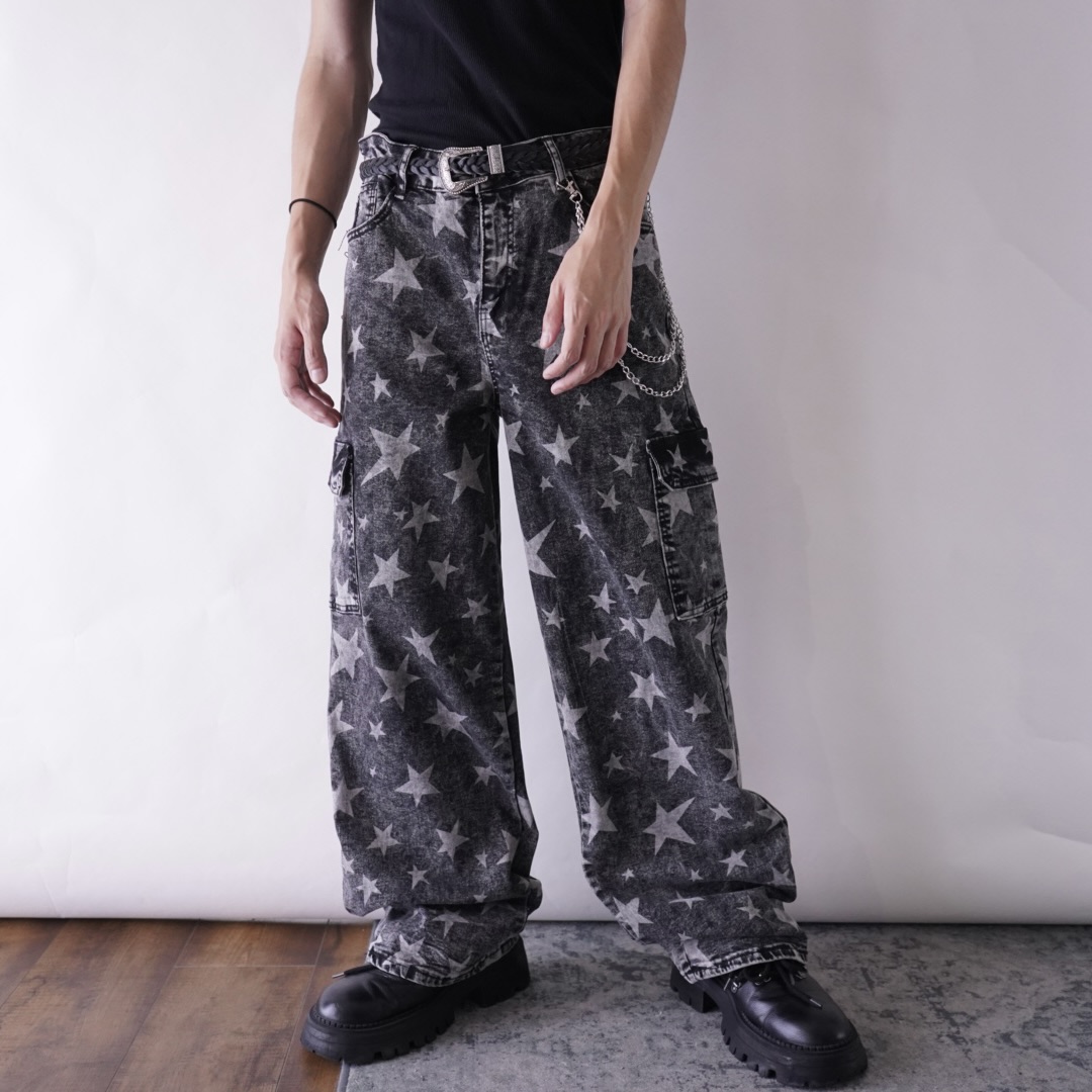 "ジョニィ風" star fade black baggy denim cargo pants