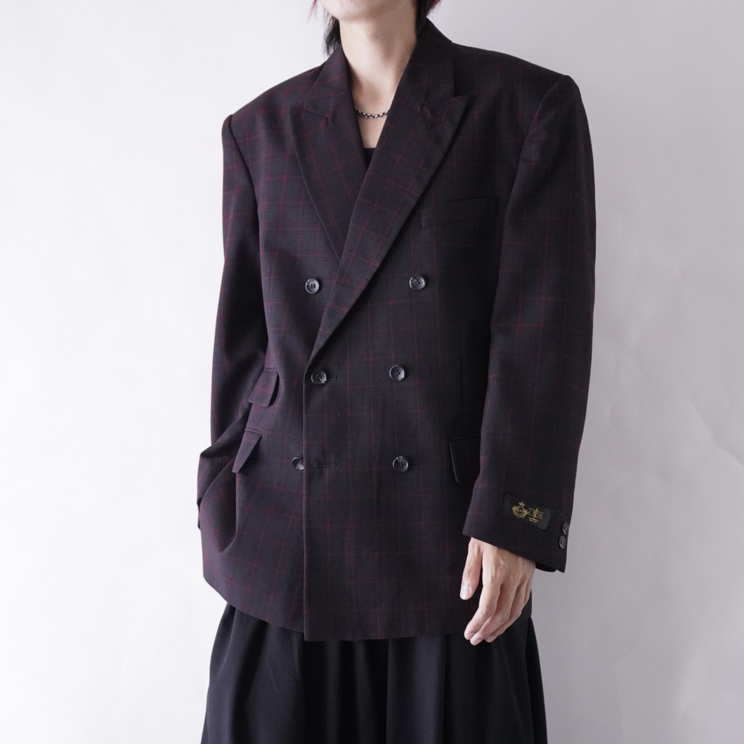 black × red check pattern double breasted tailored jacket