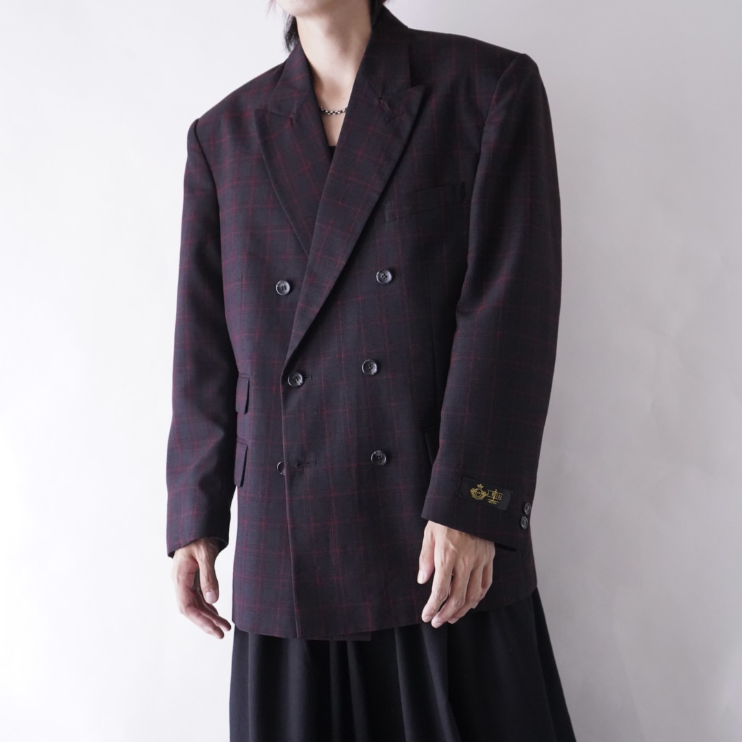black × red check pattern double breasted tailored jacket