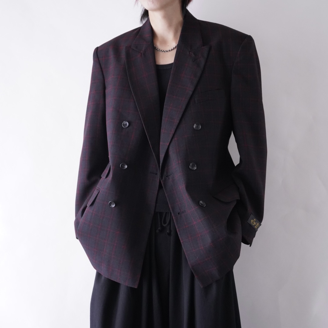 black × red check pattern double breasted tailored jacket