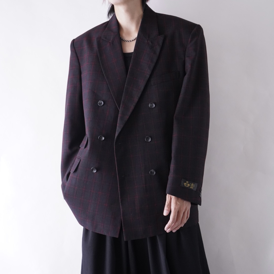 black × red check pattern double breasted tailored jacket