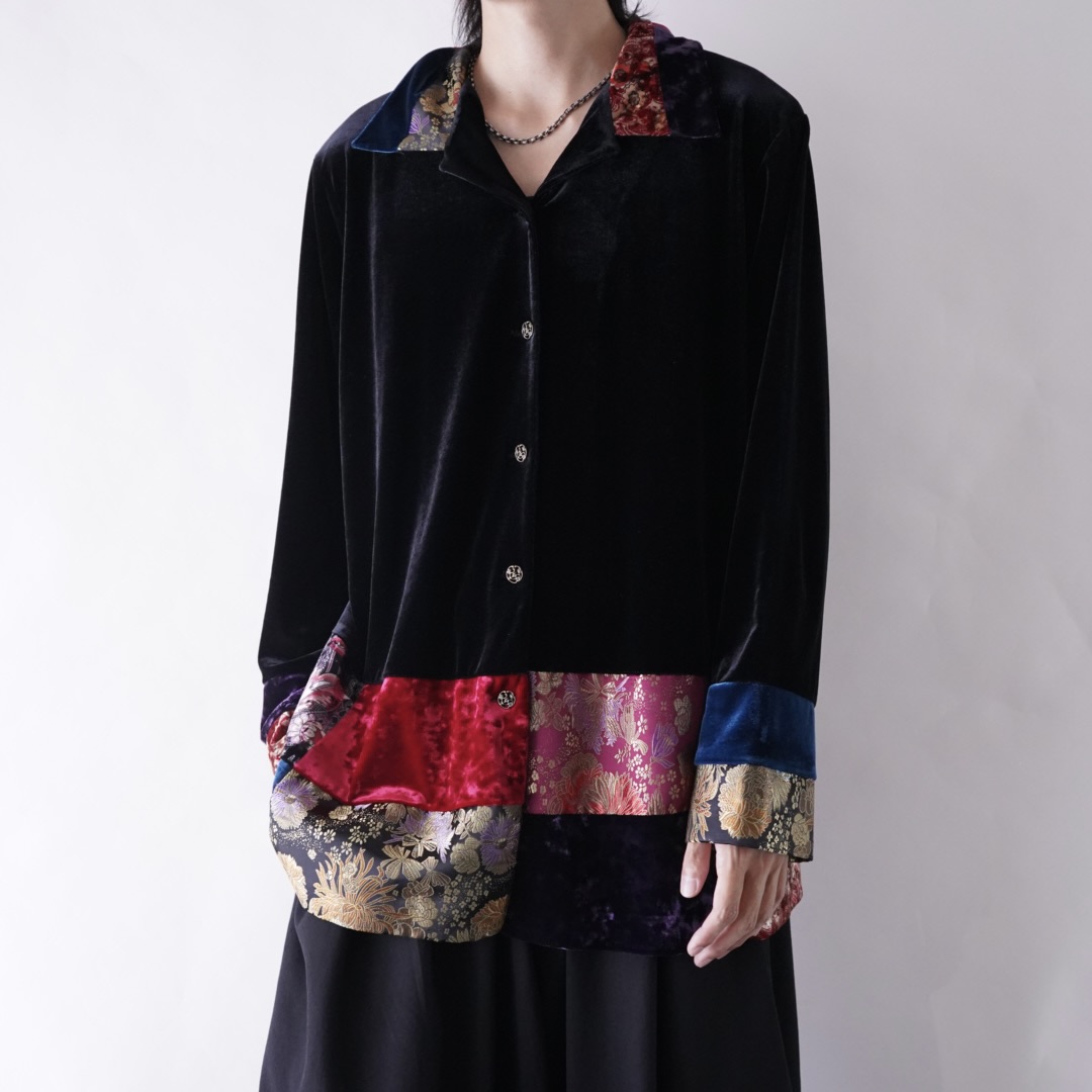 velours × glossy switching design shirt