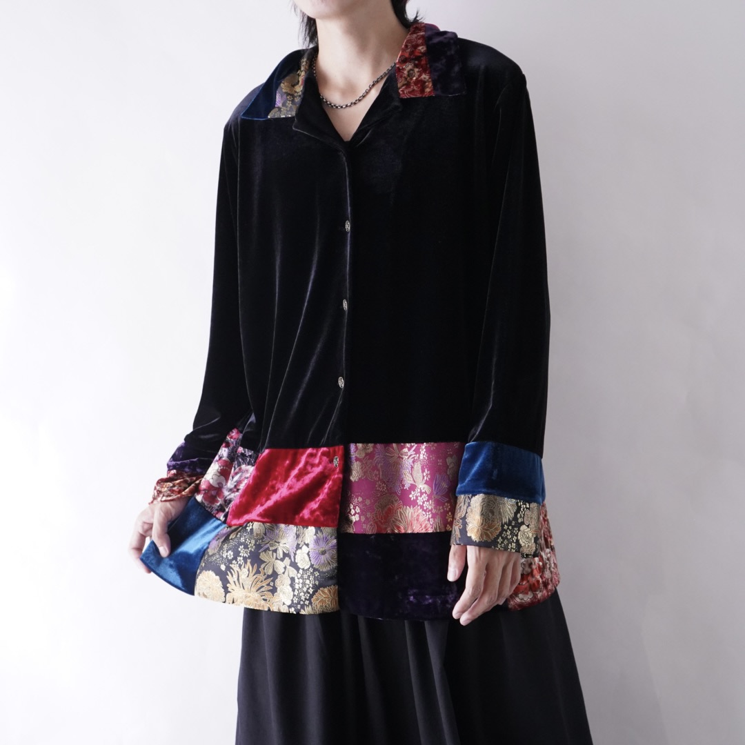 velours × glossy switching design shirt