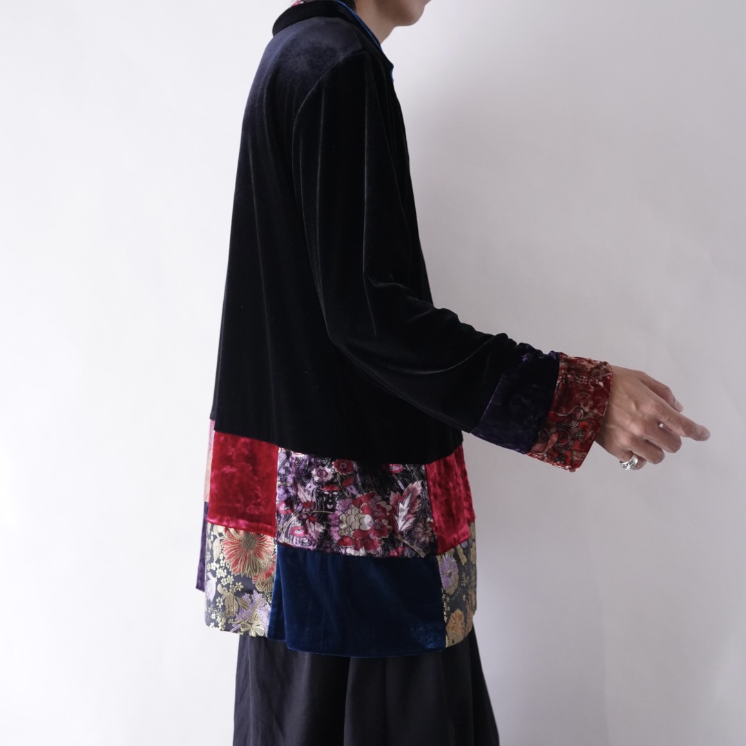 velours × glossy switching design shirt
