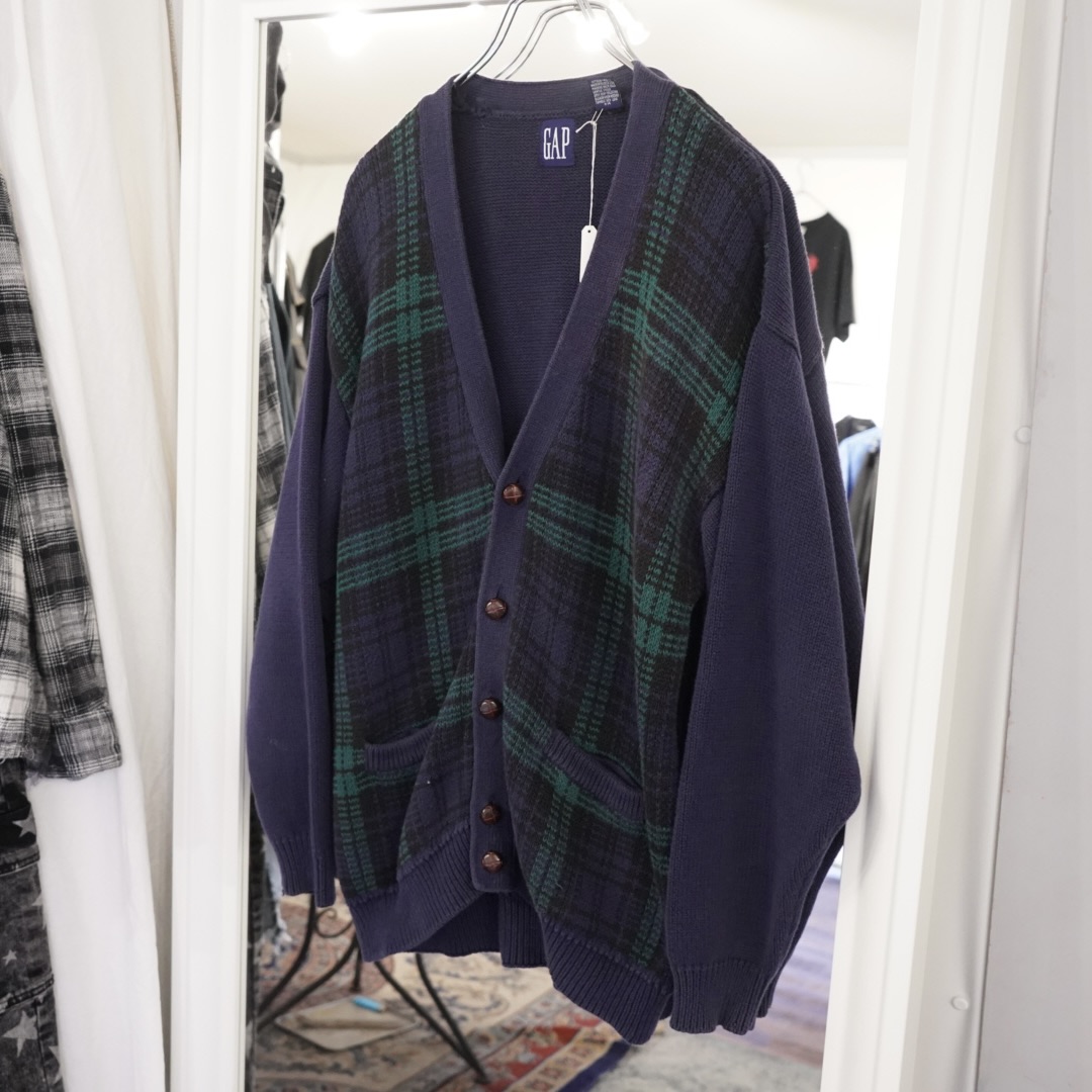 old GAP check pattern loose cotton knit cardigan